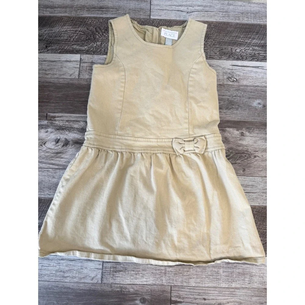 The Childrens Place Girls Tan Sleeveless Jumper Dress Uniform School Bow Size 5T